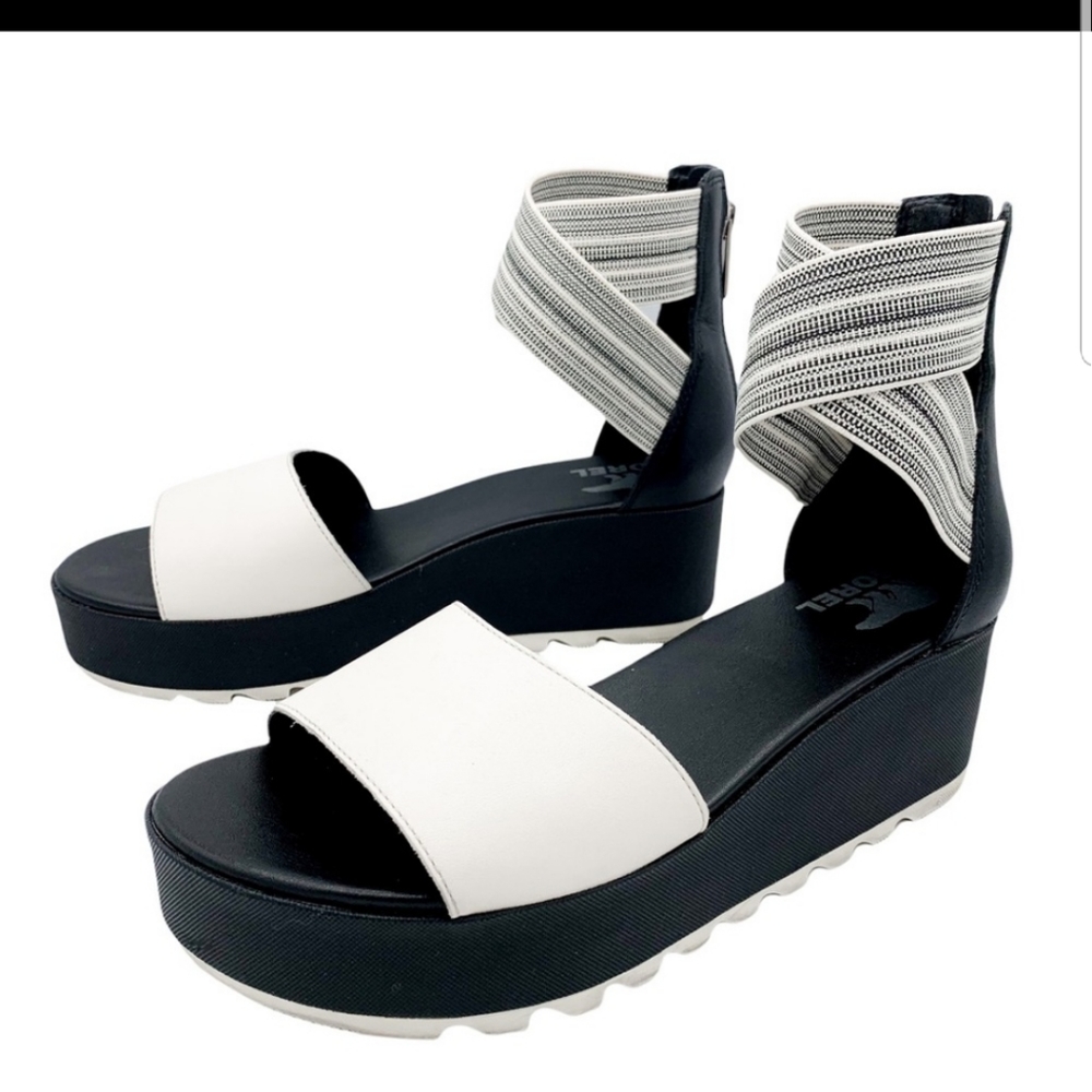 Sorel Cameron Platform Ankle Strap Wedge Sandal Black White back Zipper 10.5